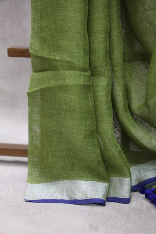 Green Plain Linen Saree With Tassels-SRGPLS175