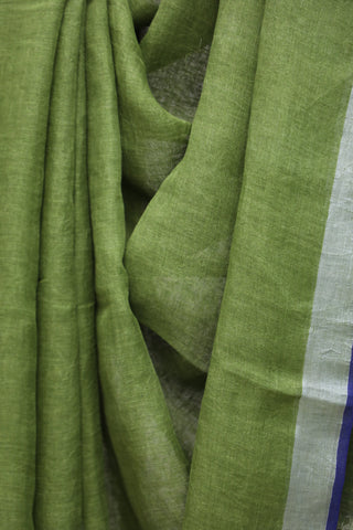 Green Plain Linen Saree With Blue Tassels-SRBPLS175