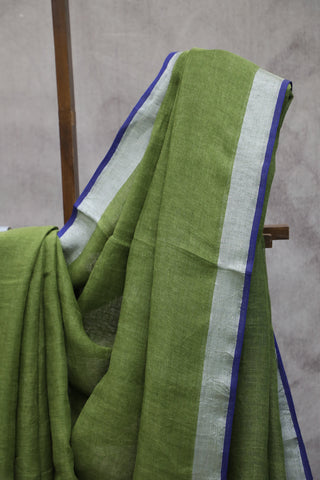 Green Plain Linen Saree With Blue Tassels-SRBPLS175