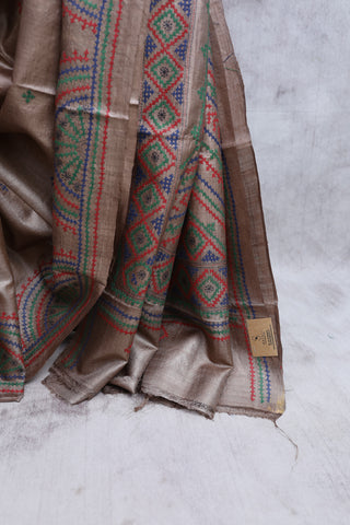 Brown Tussar Silk Kutchi Embroidered Saree-SRBTSKS680