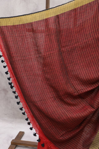 Red Plain Linen Saree With Black Tassels-SRSBPLS170