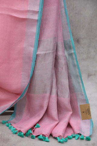 Pink Plain Linen Saree With Teal Tassels-SRPPLS171