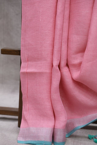 Pink Plain Linen Saree With Teal Tassels-SRPPLS171