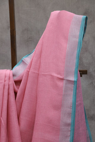 Pink Plain Linen Saree With Teal Tassels-SRPPLS171