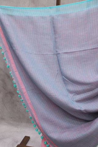 Pink Plain Linen Saree With Teal Tassels-SRPPLS171