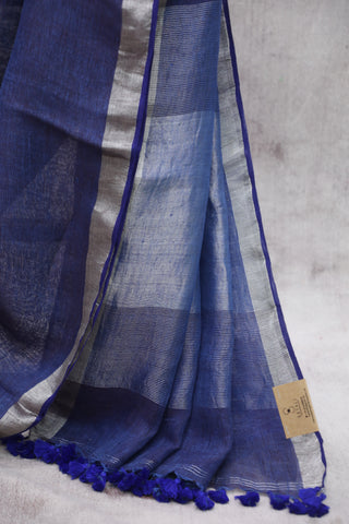 Navy Blue Plain Linen Saree With Dark Blue Tassels-SRNBPLS172