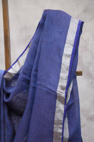 Navy Blue Plain Linen Saree With Dark Blue Tassels-SRNBPLS172