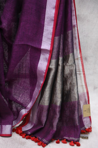 Purple Plain Linen Saree With Tassels-SRPPLS173