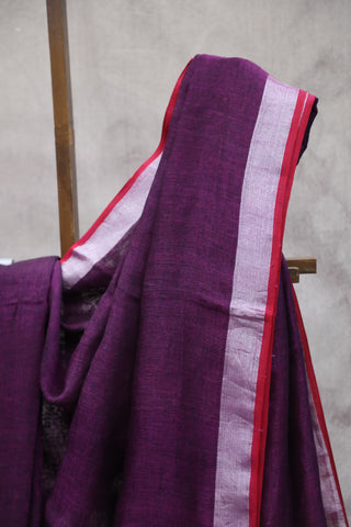 Purple Plain Linen Saree With Tassels-SRPPLS173