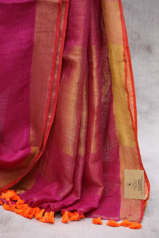 Pink Plain Linen Saree With Orange Tassels-SRPPLS147EX