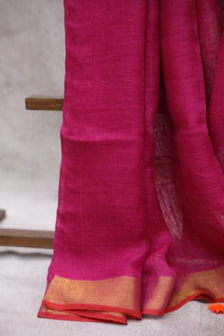 Pink Plain Linen Saree With Orange Tassels-SRPPLS147EX