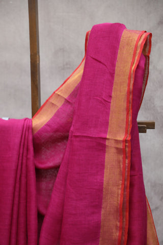 Pink Plain Linen Saree With Orange Tassels-SRPPLS147EX