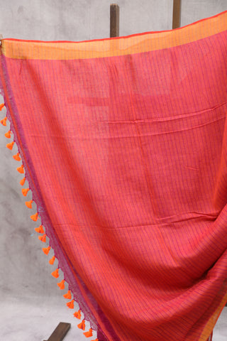 Pink Plain Linen Saree With Orange Tassels-SRPPLS147EX