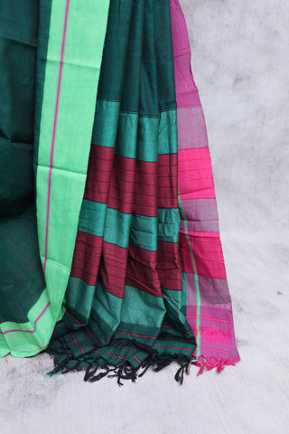 Plain Rama Green Patteda Anchu Cotton Saree With Green-Pink Palin Border