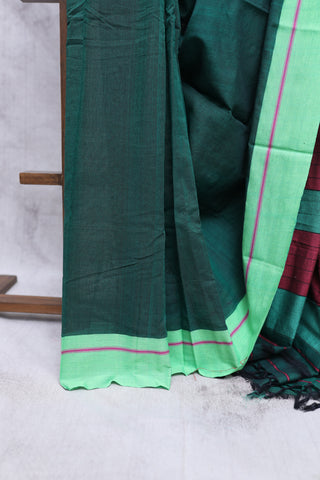 Plain Rama Green Patteda Anchu Cotton Saree With Green-Pink Palin Border