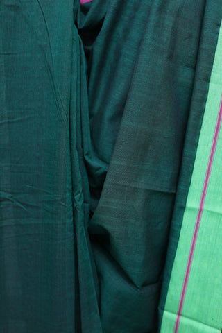 Plain Rama Green Patteda Anchu Cotton Saree With Green-Pink Palin Border