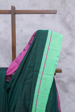 Plain Rama Green Patteda Anchu Cotton Saree With Green-Pink Palin Border