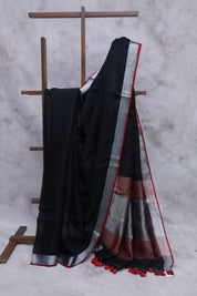 Black Plain Linen Saree-SRBPLS123