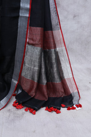 Black Plain Linen Saree-SRBPLS123