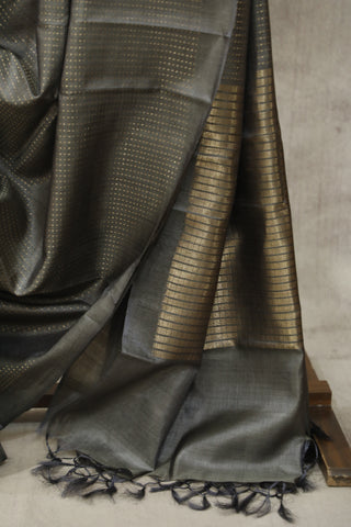 Dark Grey Tussar Silk Saree - SRDGTSS904