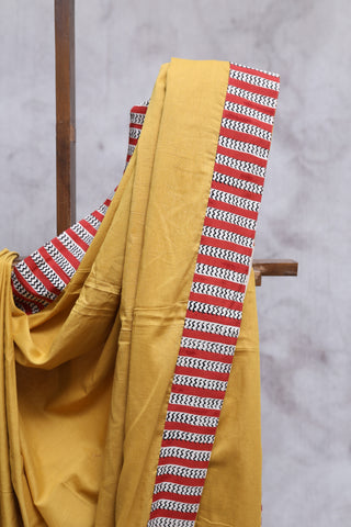 Mustard Yellow HBP Cotton Saree with Patchwork Border -SRMYCS1234