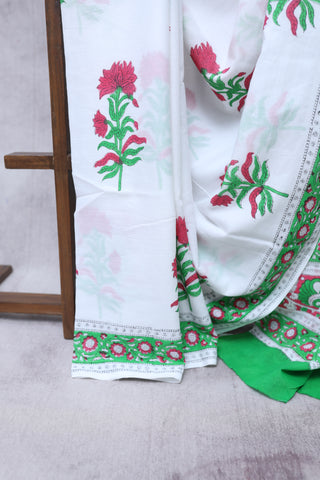 White- Green HBP Cotton Saree-SRWGCS1033