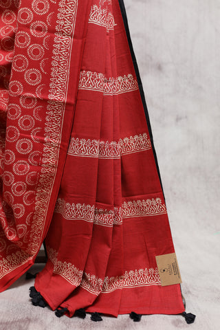 Red HBP Cotton Saree with Contrast Blouse -SRRCS1210