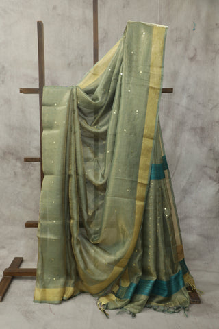 Green Sequin Tissue Tussar Silk Saree - SRGSTTSS238