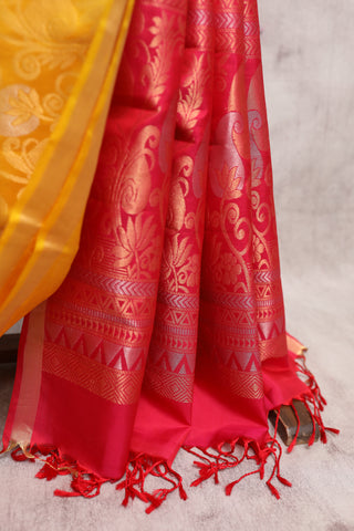 Yellow Soft Silk Saree And Rani Pink Pallu With a Golden Zari Design - SRYSSS161