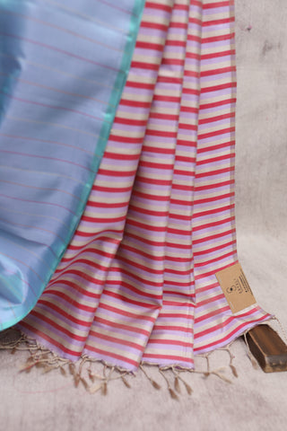 Teal Grey Striped Soft Silk Saree - SRTGSSSS187