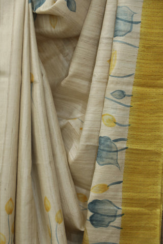 Cream Hand-Painted Tussar Silk Saree - SRCHPTSS981