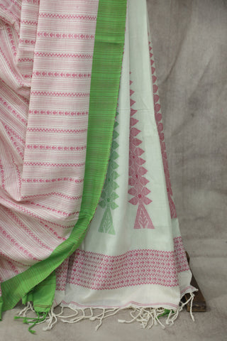 White-Pink Bengal Cotton Saree - SRWBCS83