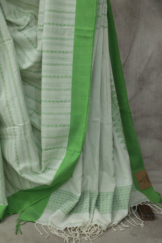 White-Green Bengal Cotton Saree - SRWGCS84