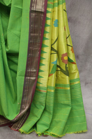 Parrot Green Cotton Paithani Saree - SRPGCPS430