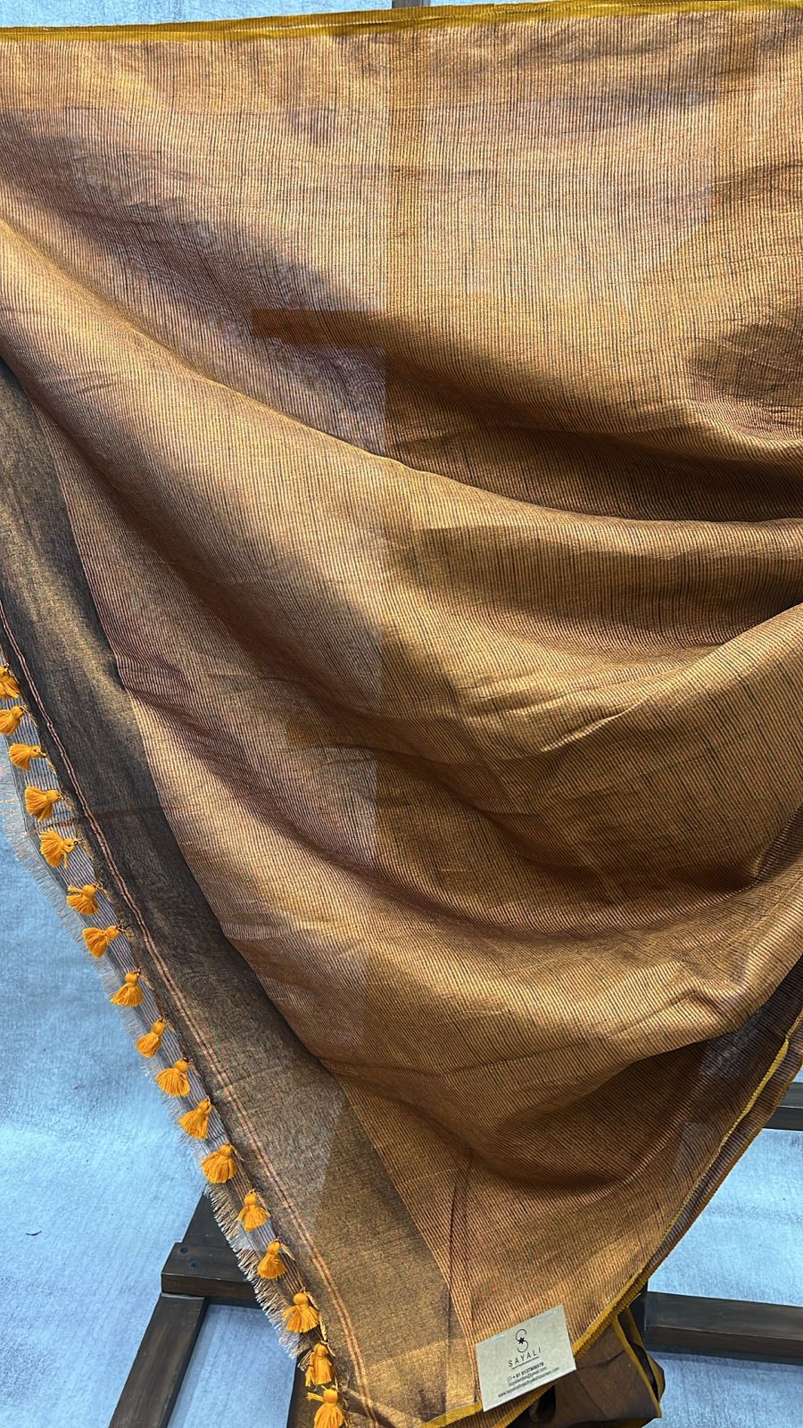 Brown Plain Tissue Linen Saree With Tassels-SRBPTLS226