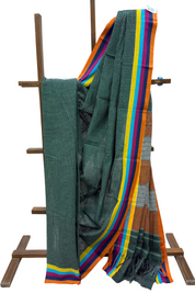 Green Big Checks Cotton Patteda Anchu Saree-SRGCPAS148