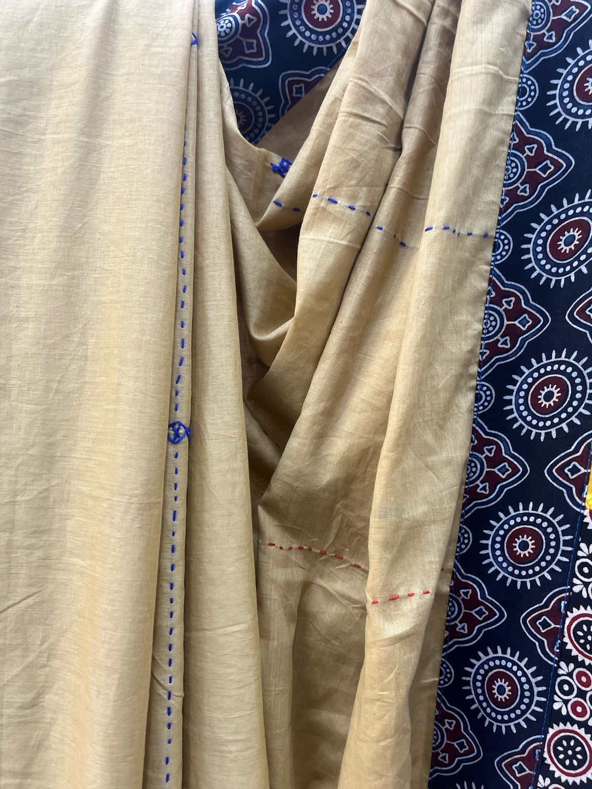 Beige Cotton Patchwork Saree-SRBCPS219