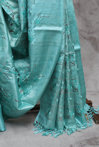 Aqua Green Machine Embroidered Tussar Silk Saree-SRAGMETSS670