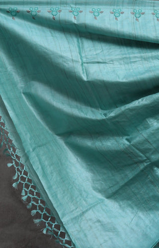 Aqua Green Machine Embroidered Tussar Silk Saree-SRAGMETSS670