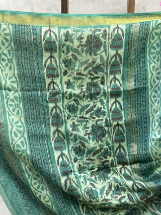 Beige-Green HBP Cotton Silk Chanderi Saree With Maheshwari Border -SRBGCSCS481