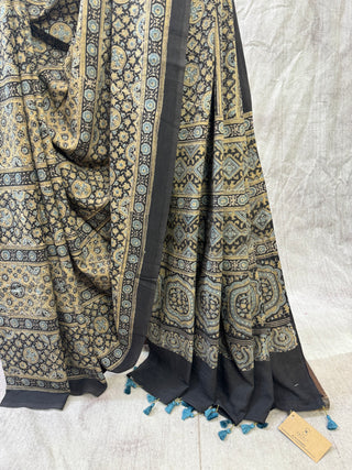 Black HBP Ajrakh Mul Cotton Saree-SRBMCS71