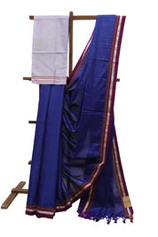 Blue Plain Khun Saree With Purple Border-SRBPKS176