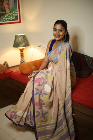 Light Brown Bengal Khadi Cotton Jamdani Saree-SRLBBKCJS85