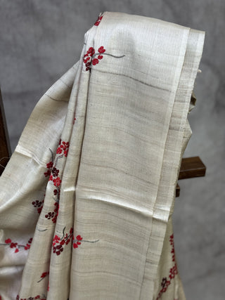 Cream Machine Embroidered Tussar Silk Saree-SRCMETSS660