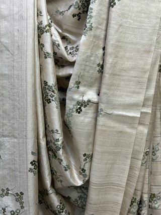 Cream Machine Embroidered Tussar Silk Saree-SRCMETSS662