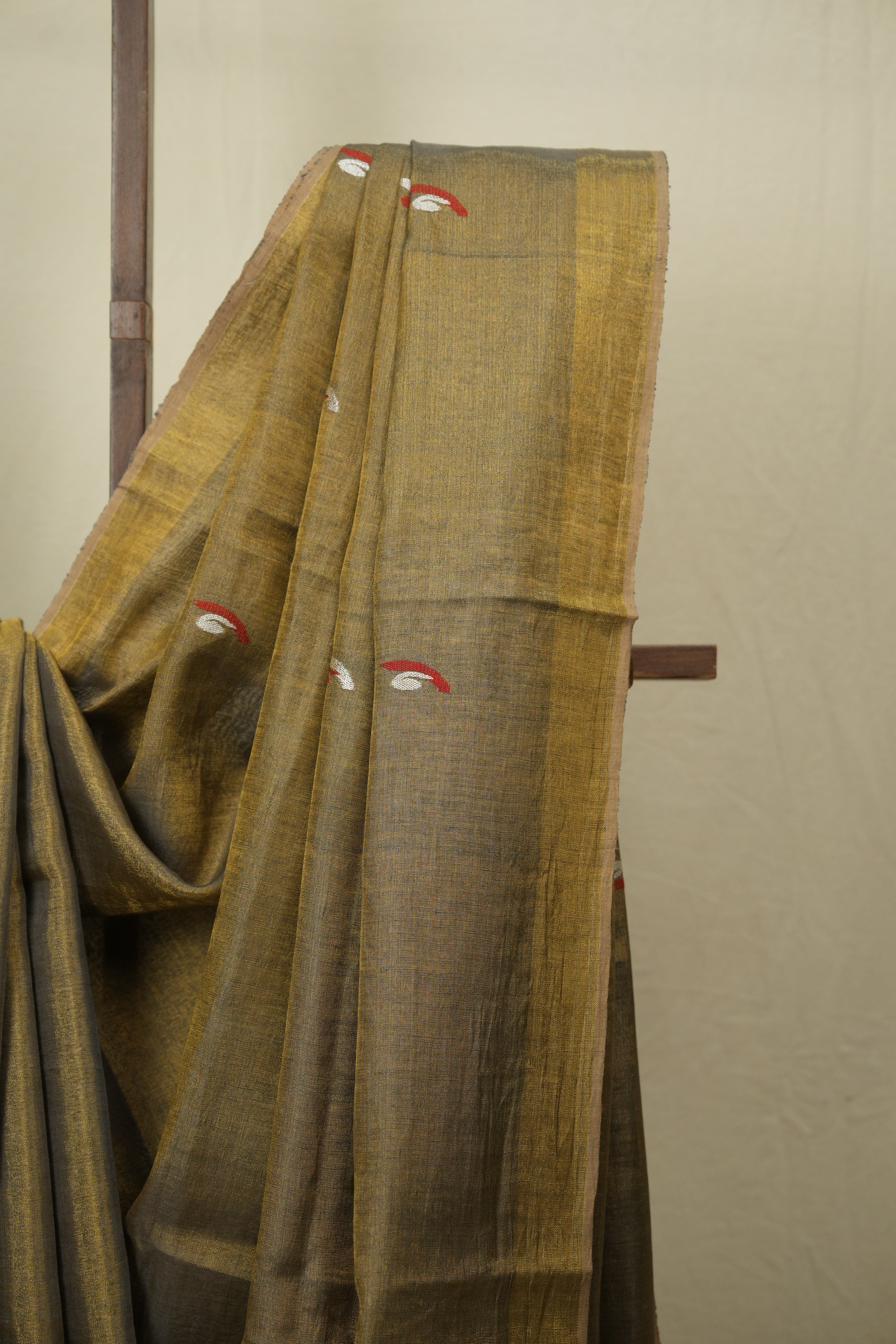 Olive Gold Tissue Linen Jamdani Saree - SROGTLJS202