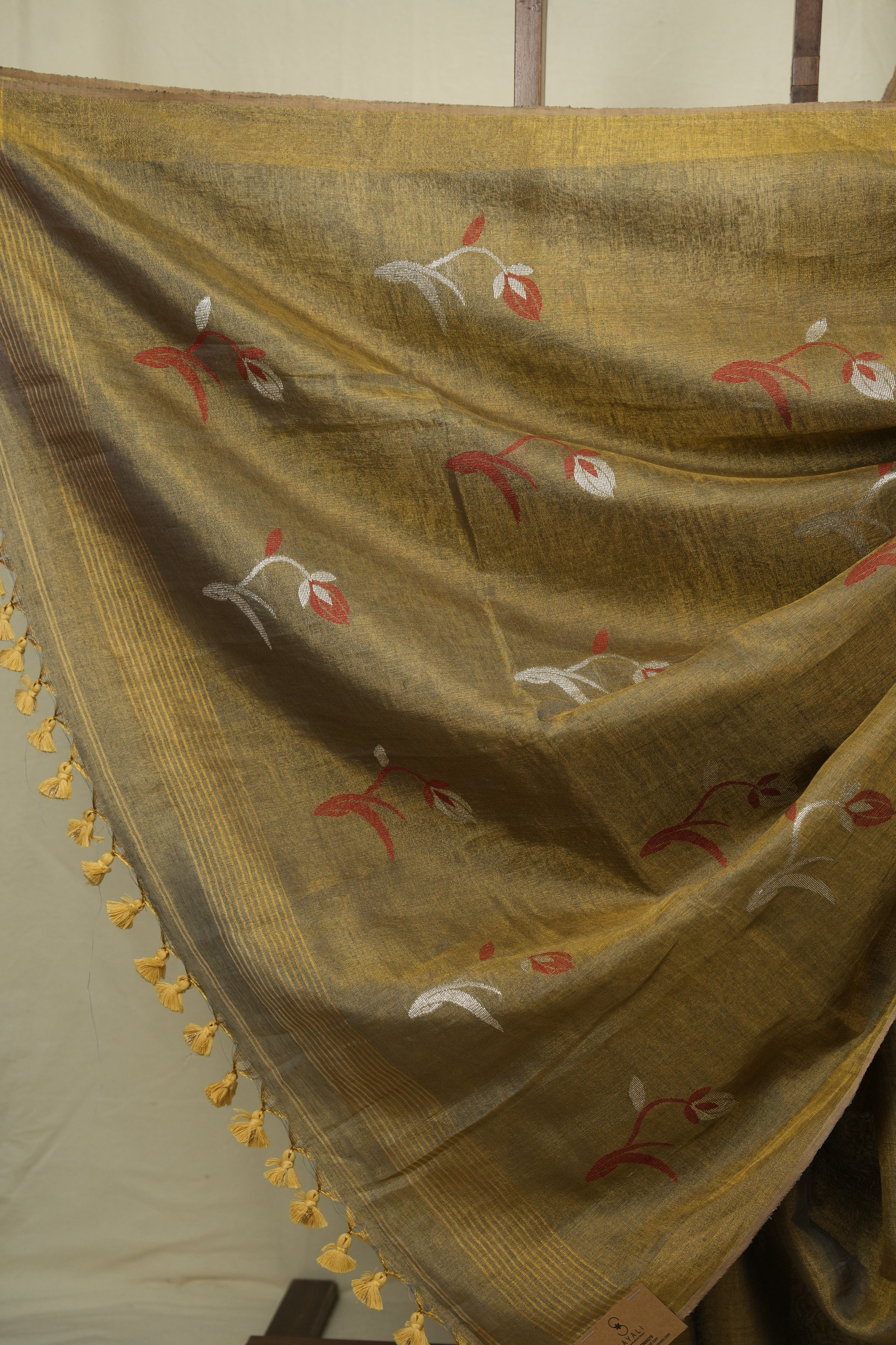 Olive Gold Tissue Linen Jamdani Saree - SROGTLJS202