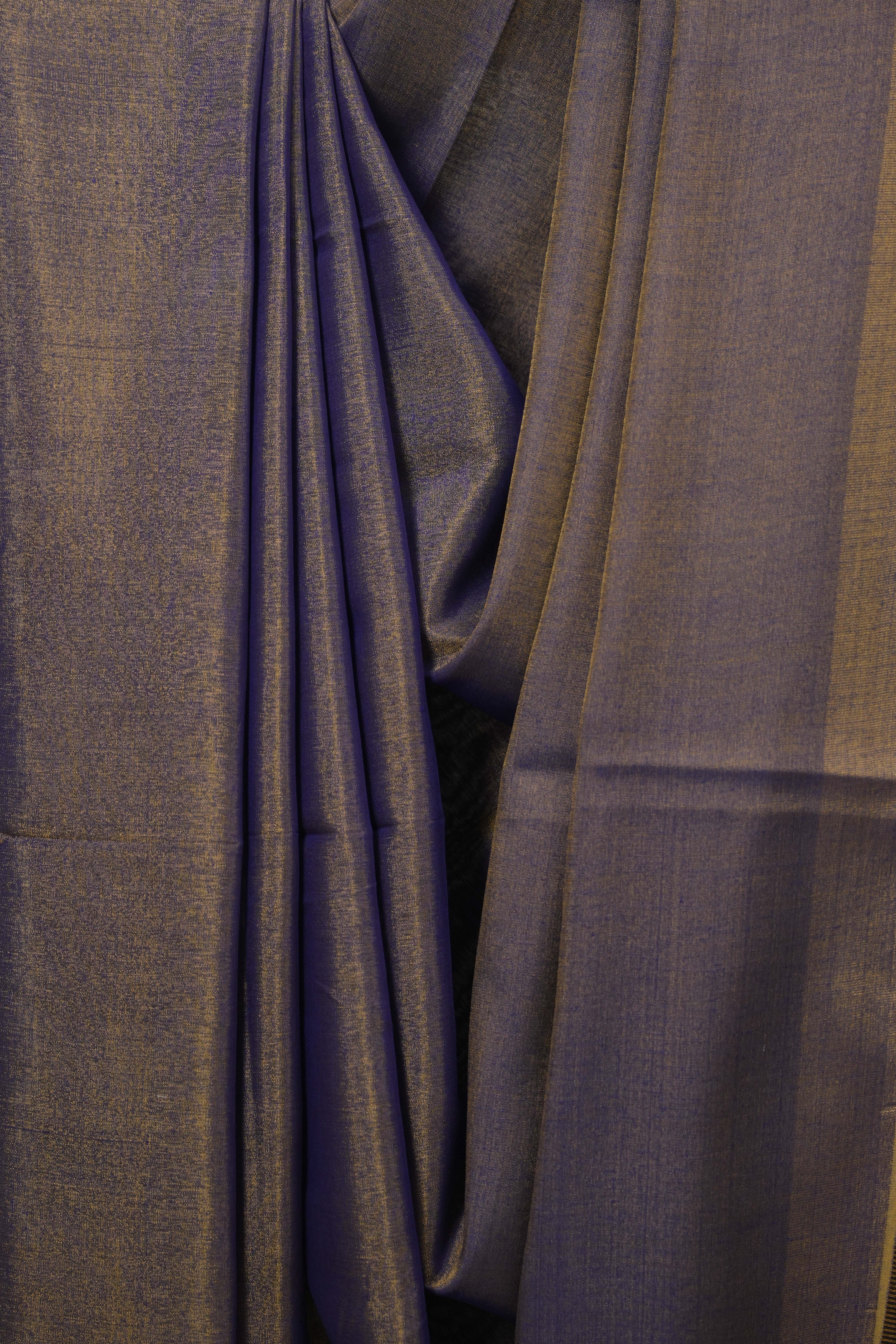Dual Tone Blue Plain Tissue Linen Saree With Tassels - SRDTBPTLS305