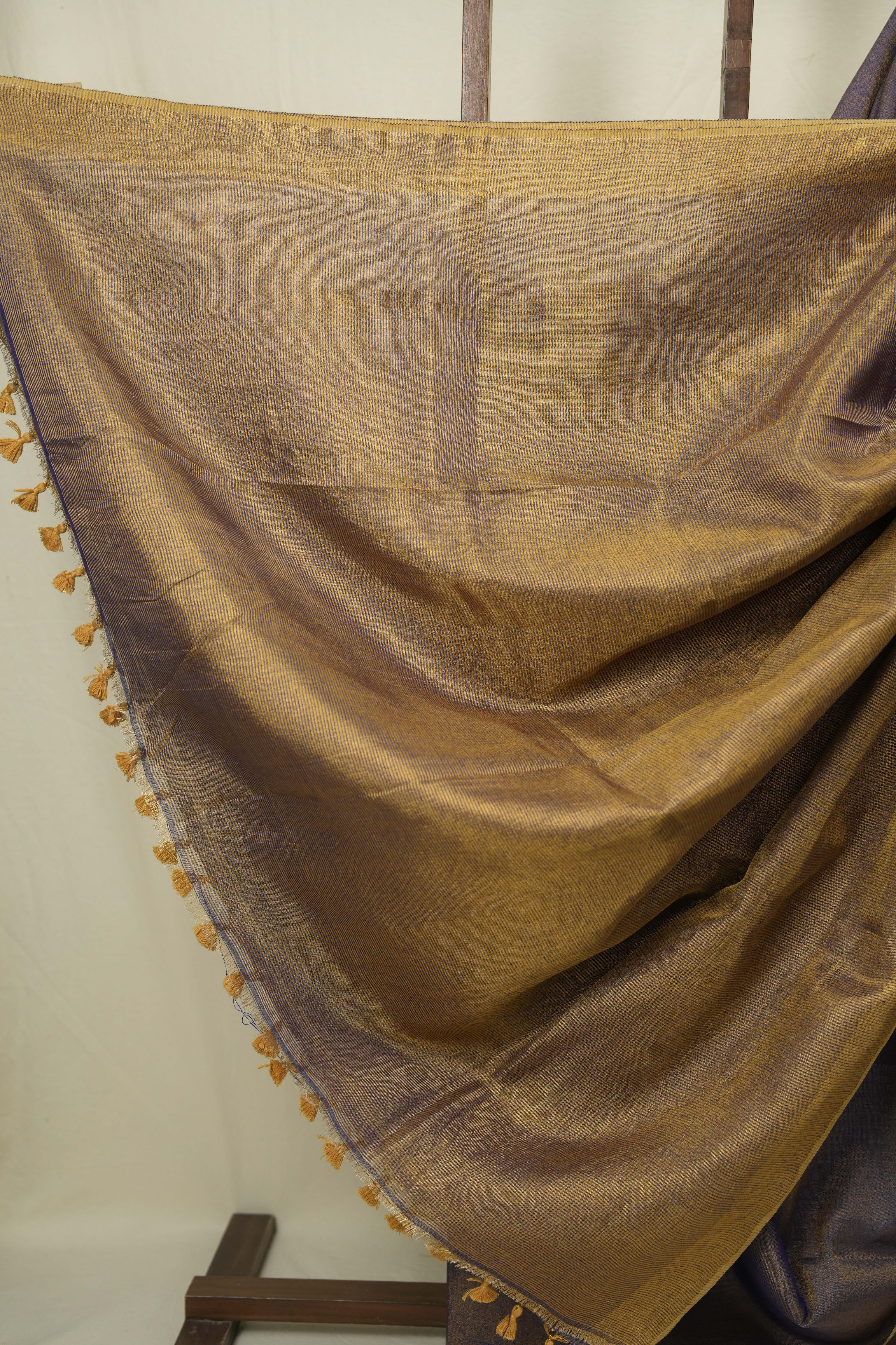 Dual Tone Blue Plain Tissue Linen Saree With Tassels - SRDTBPTLS305