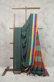 Green Big Checks Cotton Patteda Anchu Saree-SRGCPAS148